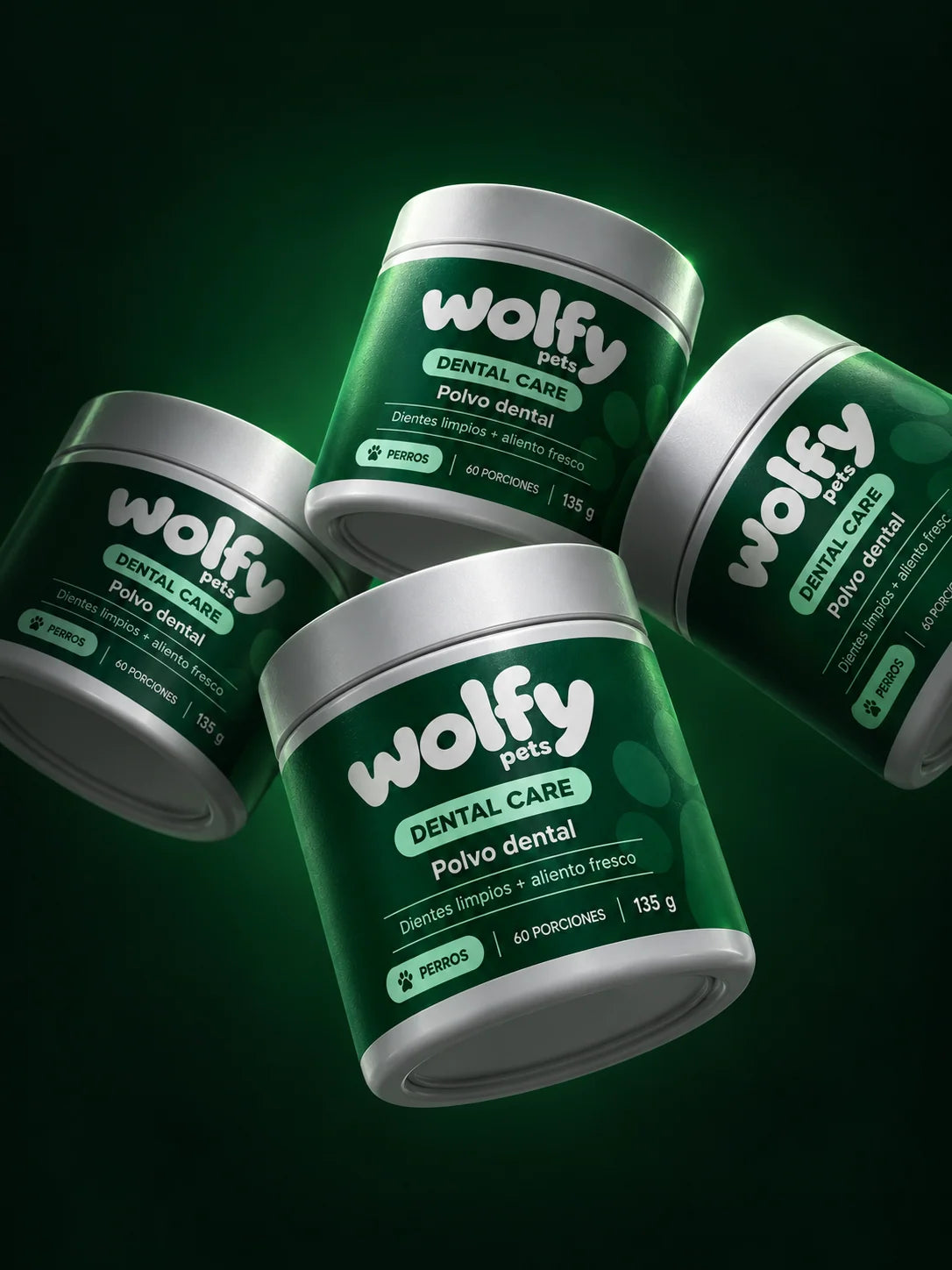 Cuatro potes de Wolfy Dental Care sobre fondo verde oscuro
