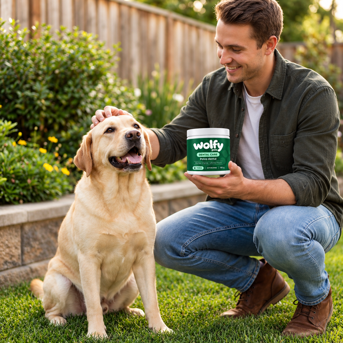 Perro contento con su familia y mensaje de bienestar